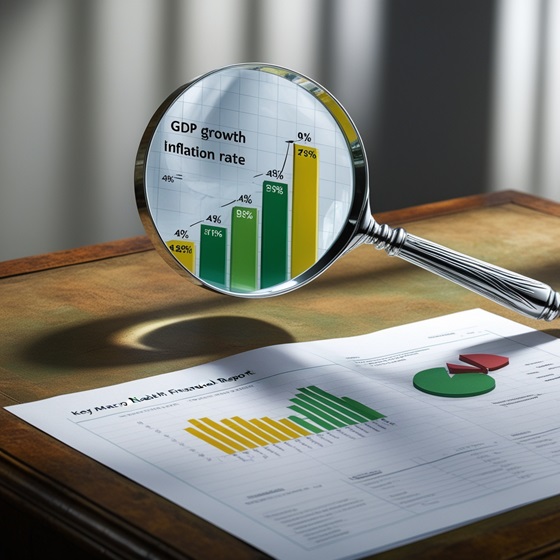 A magnifying glass examining a financial report, with key macro health indicators highlighted, symbolizing the importance of thorough analysis for dividend investors